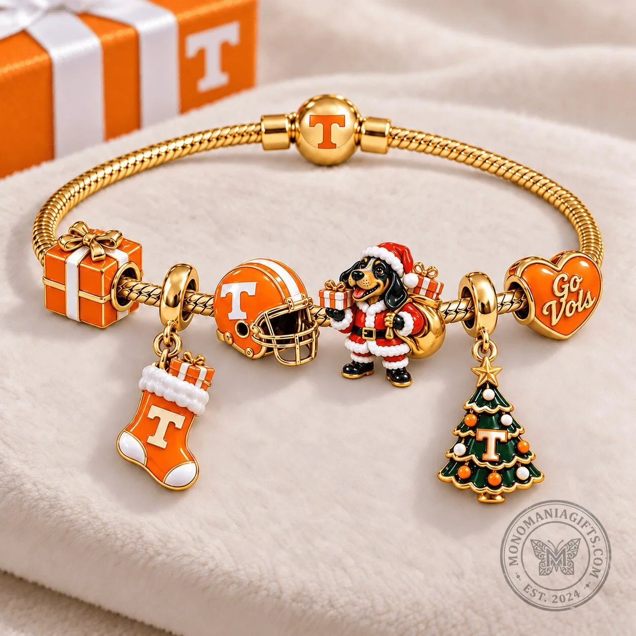 Tennessee Volunteers Gold Charm Bracelet Set with Christmas Holiday Charms