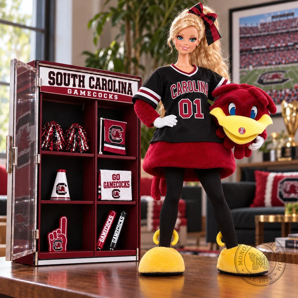 South Carolina Gamecocks Barbie Doll with Cocky Mascot and Display Case