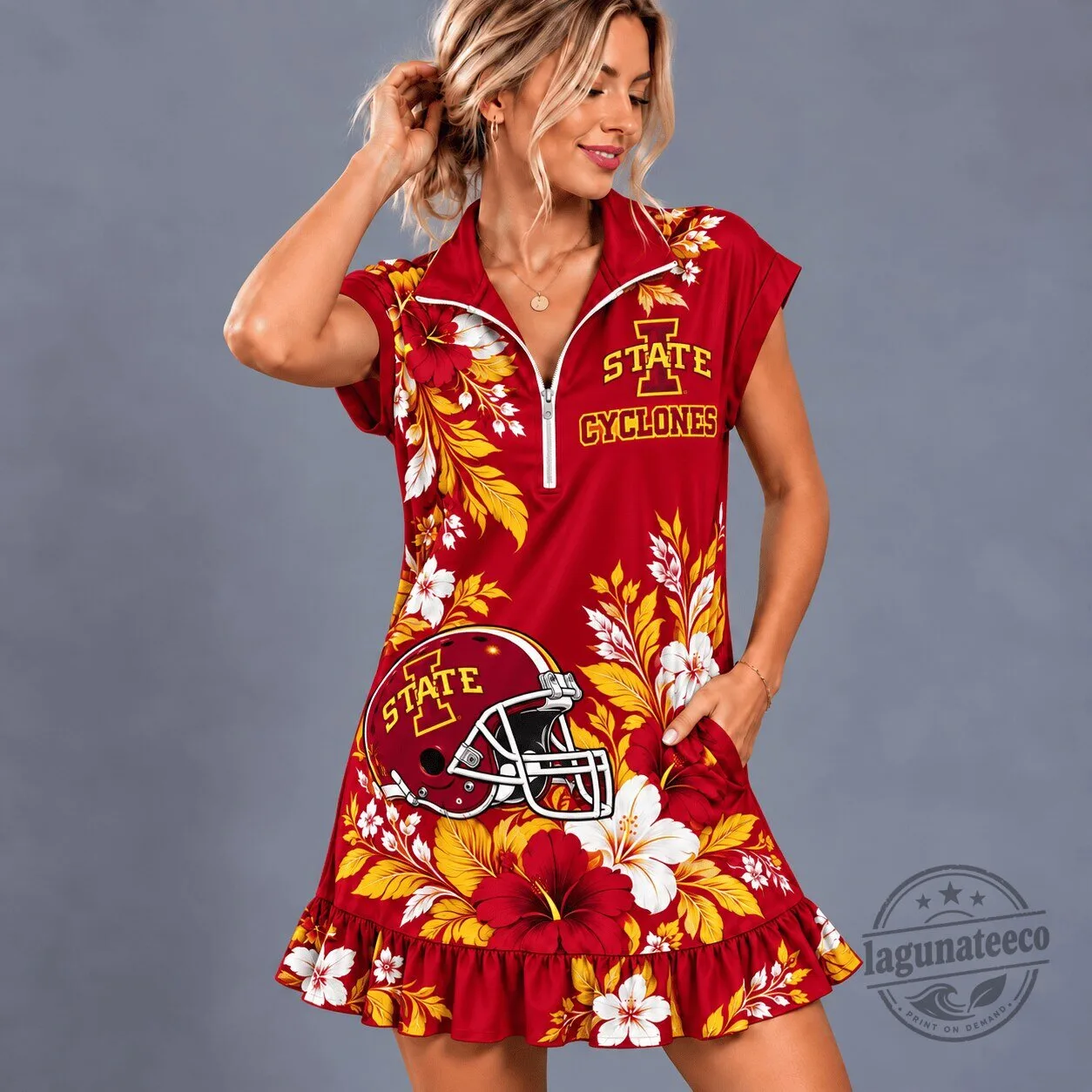 Iowa State Cyclones Red Floral Quarter-Zip Ruffle Dress