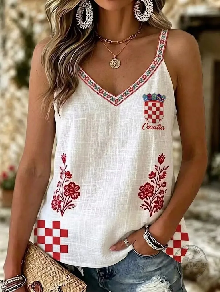 Croatia Floral Embroidered V-Neck Casual Tank Top for Women