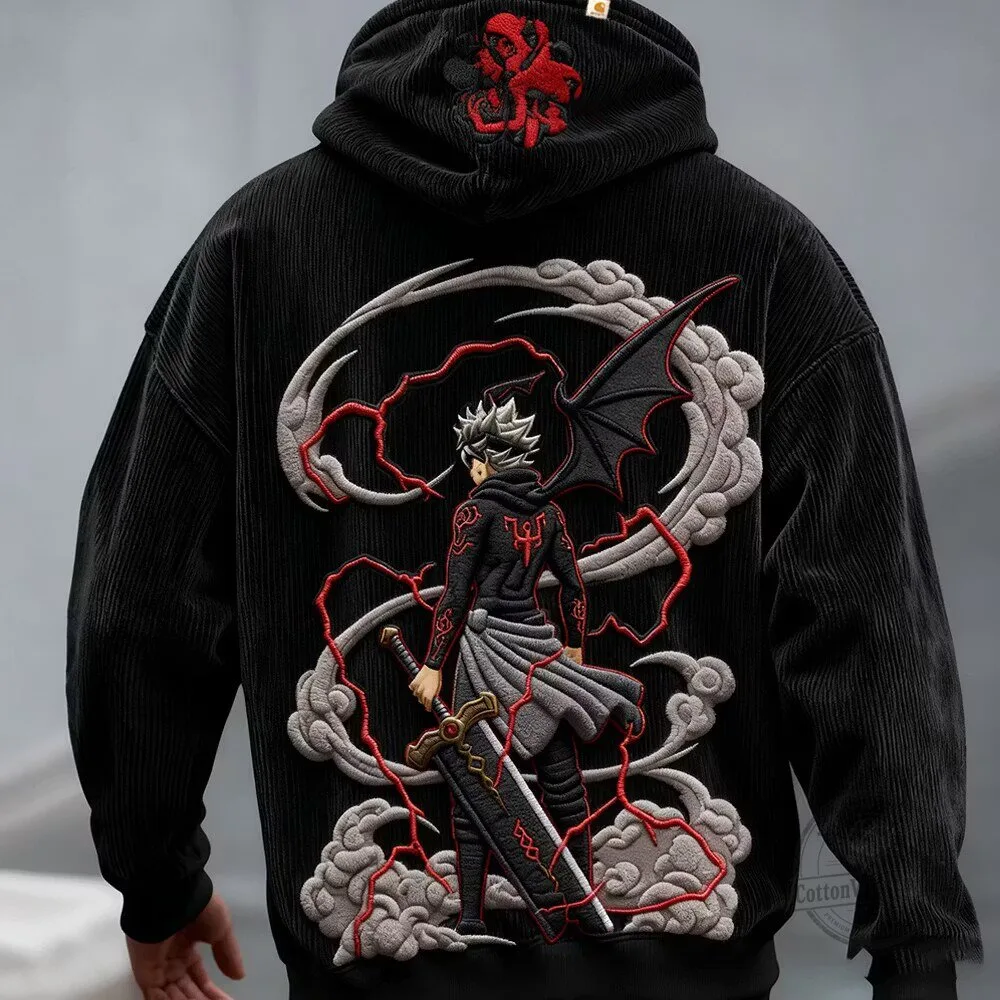 Black Clover Asta Anime Embroidered Corduroy Hoodie