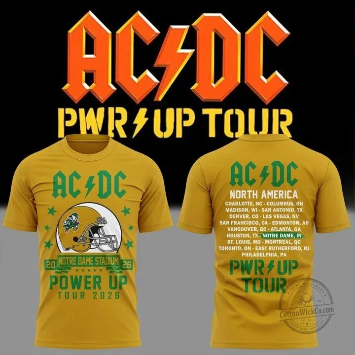 2026 Concert T-Shirt for the AC/DC Power Up Tour with Notre Dame Football Design