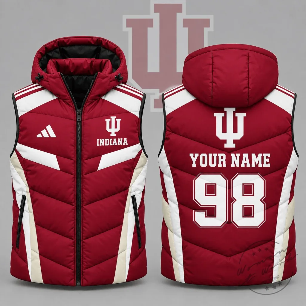 Indiana Hoosiers Personalized Red and White Puffer Vest with Hood Indiana Hoosiers Personalized Red and White Puffer Vest with Hood