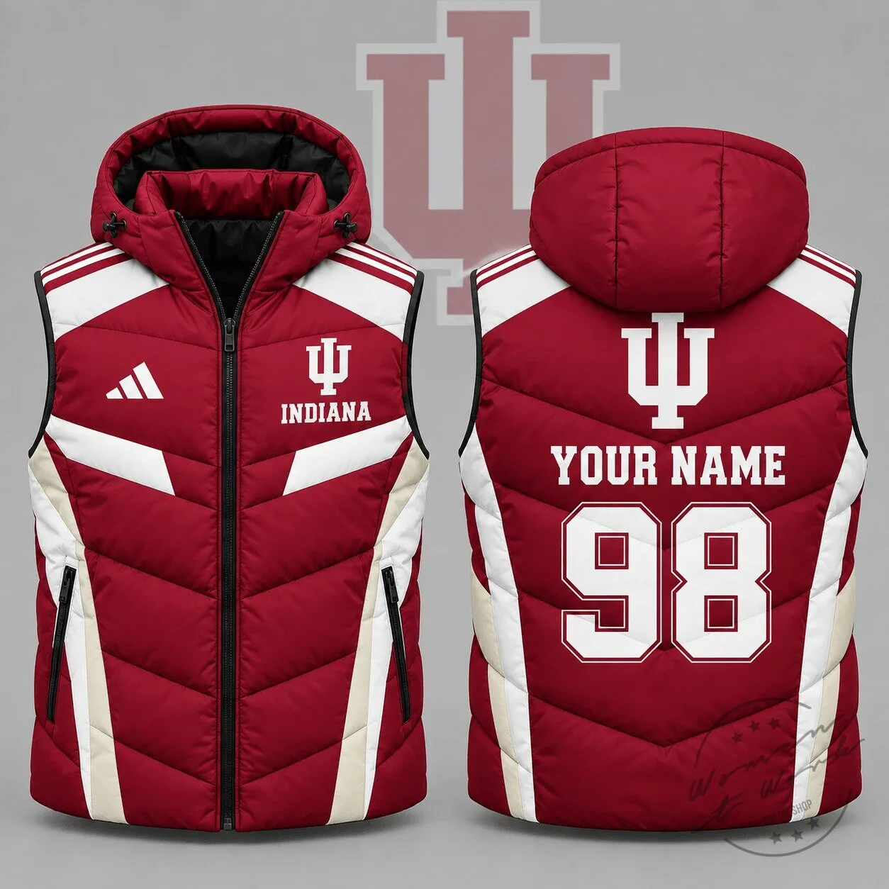 Indiana Hoosiers Personalized Red and White Puffer Vest with Hood 1 Indiana Hoosiers Personalized Red and White Puffer Vest with Hood