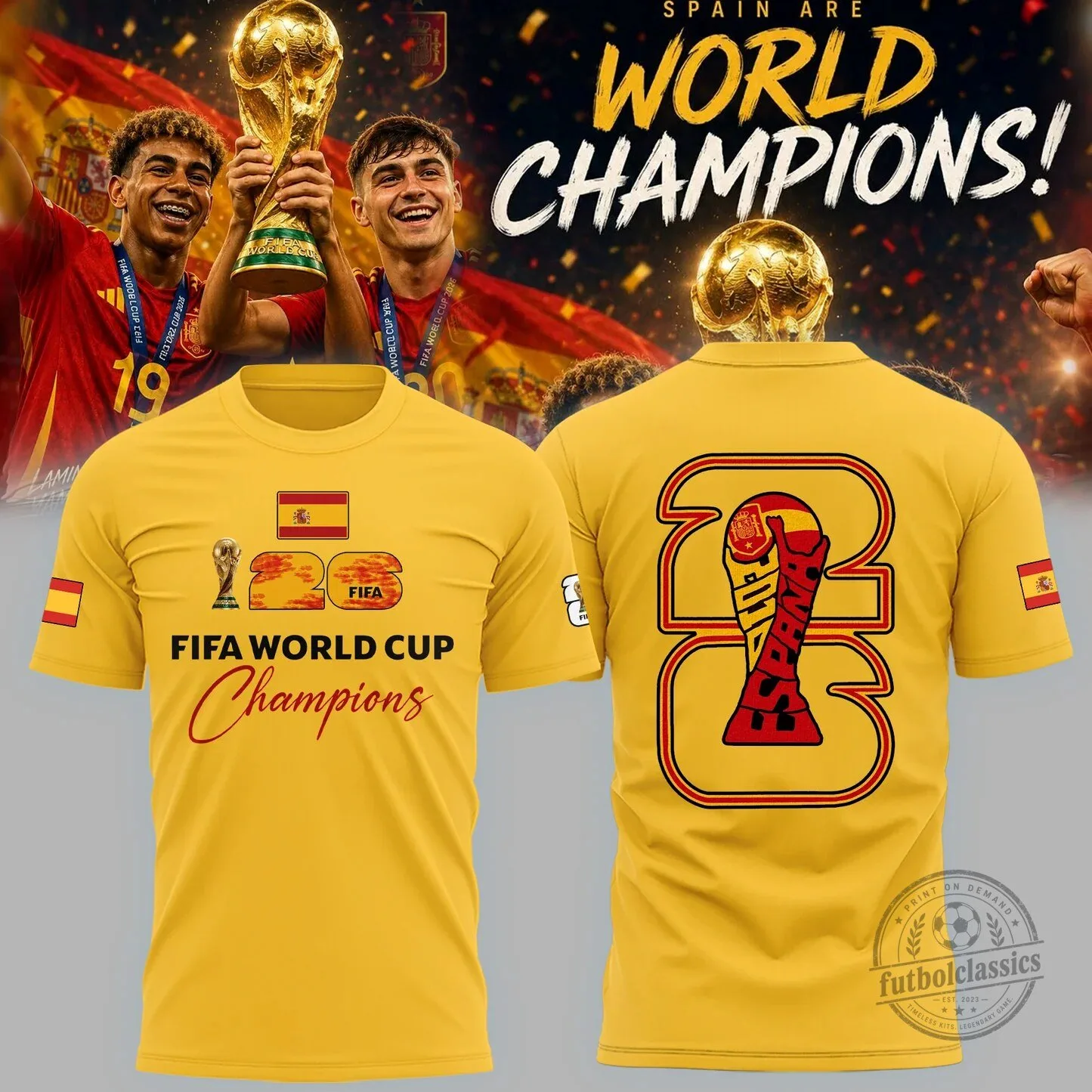 Spain National Football Team World Champions FIFA World Cup Yellow T-Shirt
