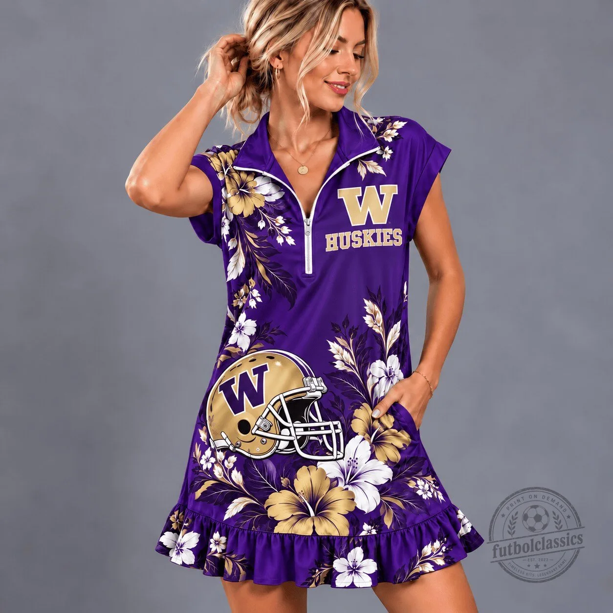 Washington Huskies NCAA Team Spirit Floral Quarter-Zip Ruffle Dress