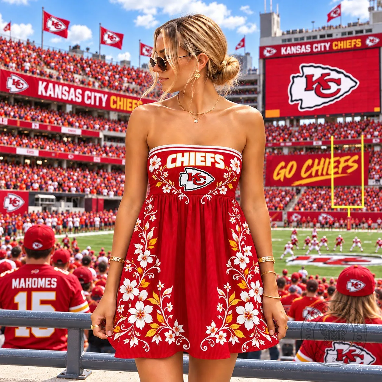 Kansas City Chiefs Floral Pattern Strapless Mini Dress for Women 1 Kansas City Chiefs Floral Pattern Strapless Mini Dress for Women