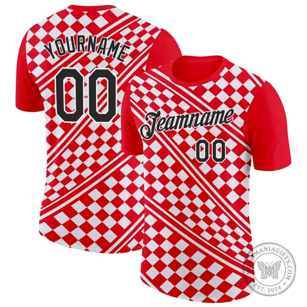 Croatia Red and White Checkerboard Custom Name and Number T-Shirt 56 Croatia Red and White Checkerboard Custom Name and Number T-Shirt