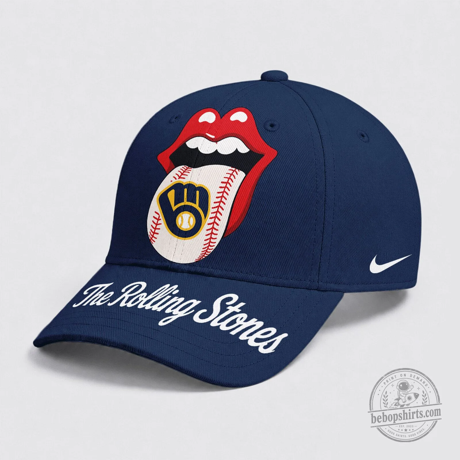 Navy Blue Hat with Rolling Stones Tongue Logo for Milwaukee Brewers Baseball Fans
