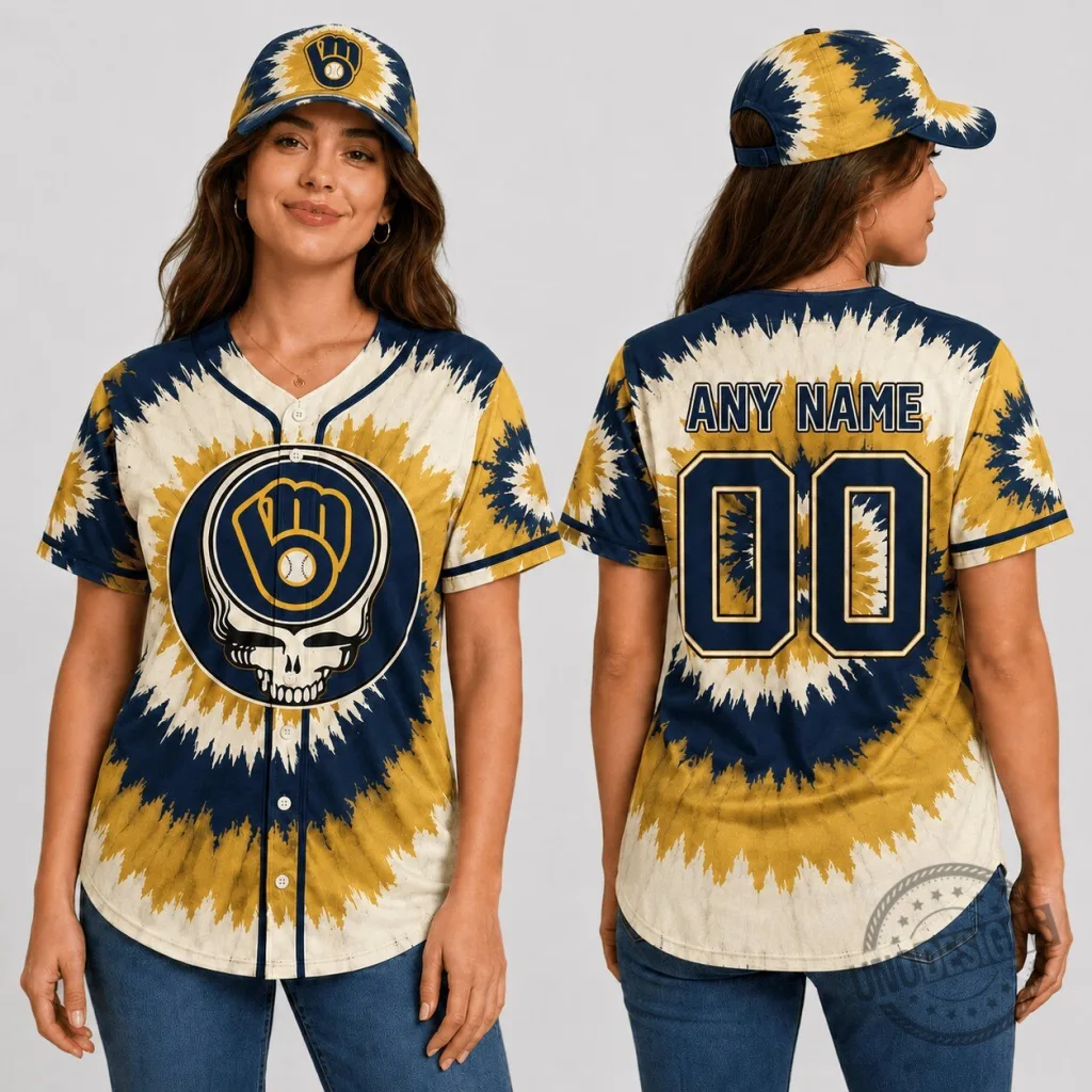 Milwaukee Brewers Baseball Tie-Dye Skull Custom Name And Number Baseball Jersey 37 Milwaukee Brewers Baseball Tie-Dye Skull Custom Name And Number Baseball Jersey