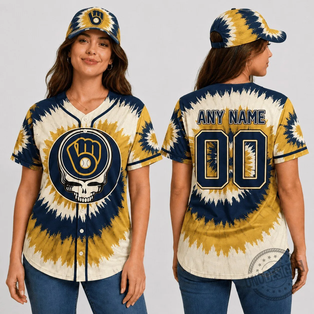 Milwaukee Brewers Baseball Tie-Dye Skull Custom Name And Number Baseball Jersey