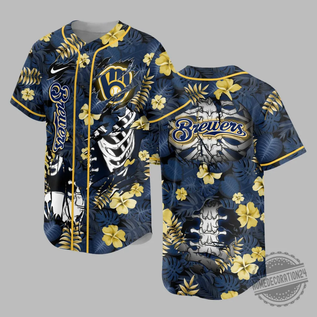 Milwaukee Brewers Baseball Skeleton Tropical Hawaiian Shirt 1 Milwaukee Brewers Baseball Skeleton Tropical Hawaiian Shirt