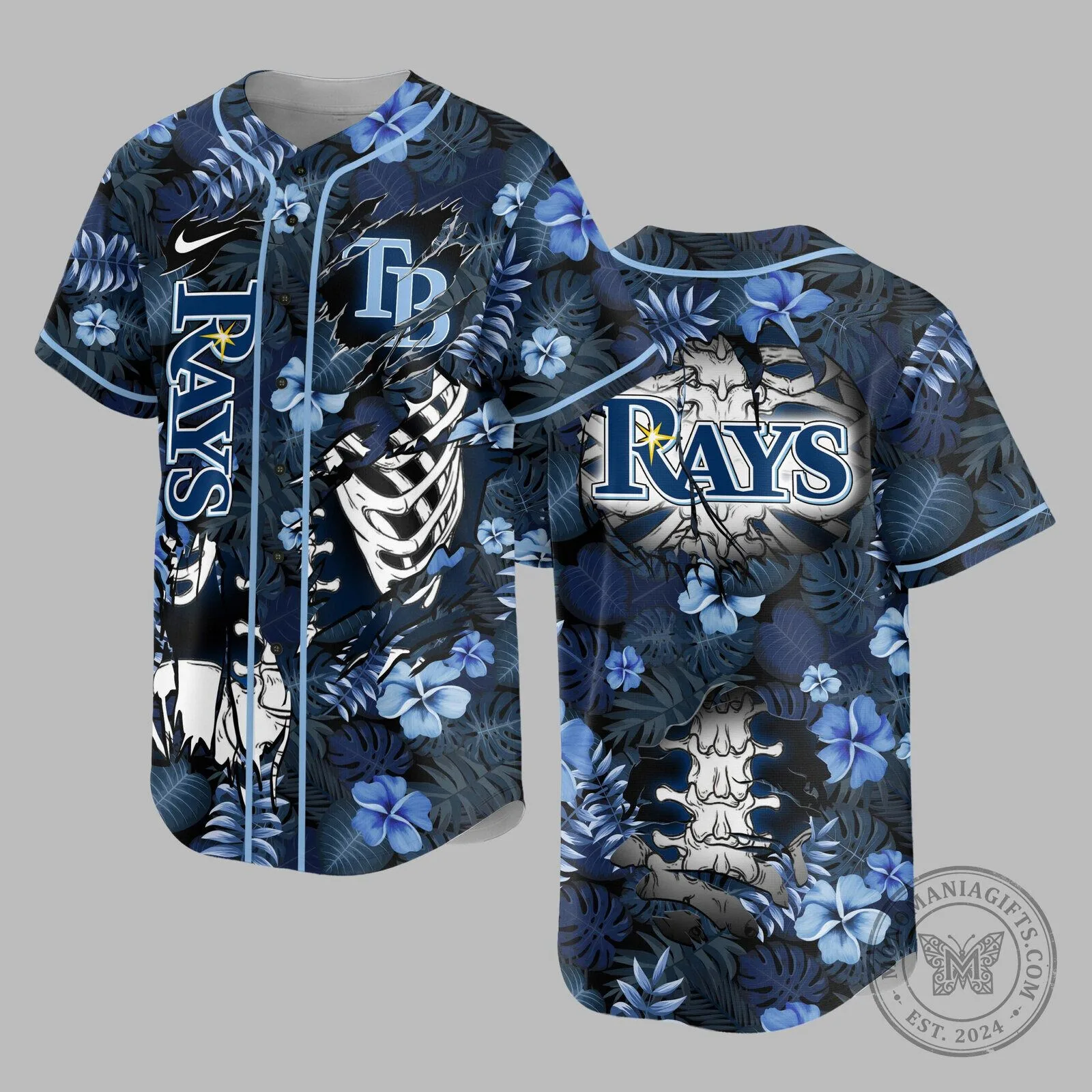 Tampa Bay Rays Baseball Skeleton Floral Hawaiian Shirt