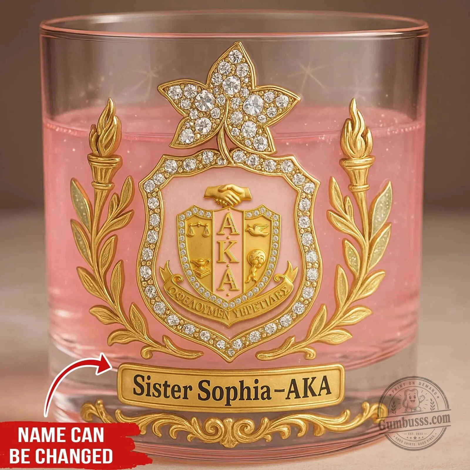 Alpha Kappa Alpha Sorority Pink and Gold Crest Drinking Glass