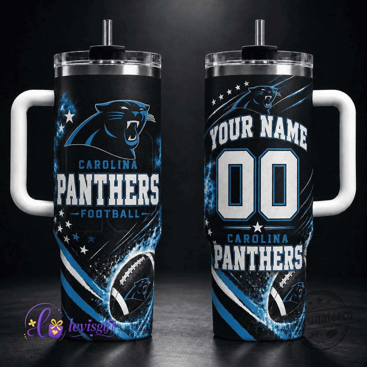 Carolina Panthers Football Team Personalized Tumbler with Handle and Straw