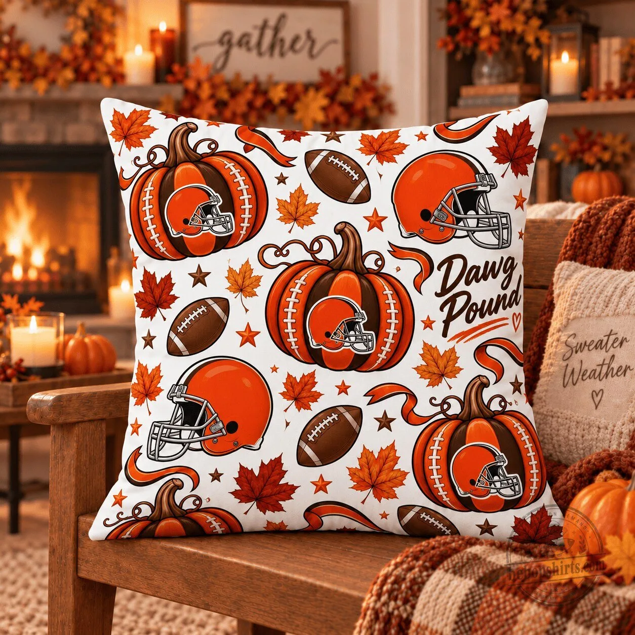 Cleveland Browns Football Pumpkins Autumn Leaves Throw Pillow