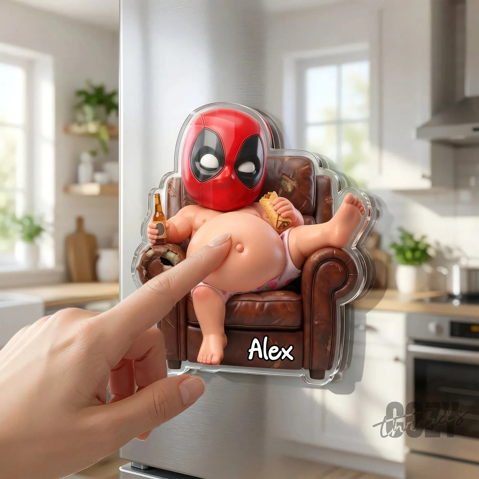 Deadpool Baby with Beer and Taco Reclining on Sofa Refrigerator Magnet