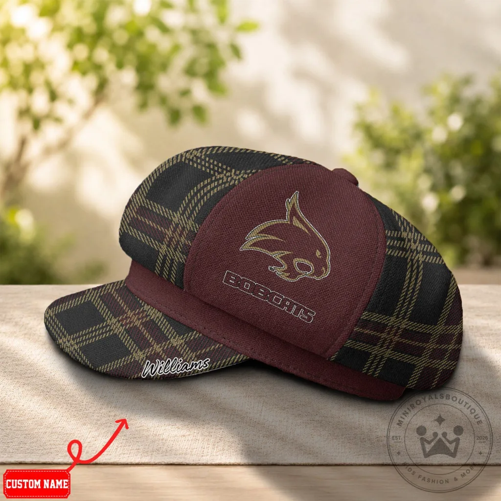 Texas State Bobcats Plaid Pattern Custom Name Newsboy Cap Texas State Bobcats Plaid Pattern Custom Name Newsboy Cap