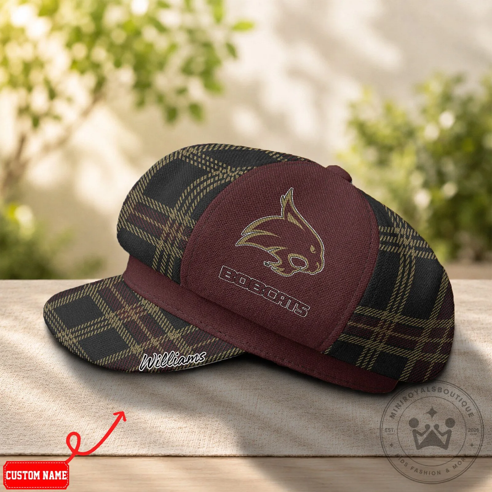 Texas State Bobcats Plaid Pattern Custom Name Newsboy Cap