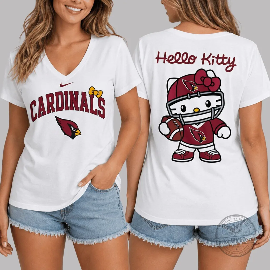 Arizona Cardinals Football Hello Kitty Women's White V-Neck T-Shirt Arizona Cardinals Football Hello Kitty Women's White V-Neck T-Shirt