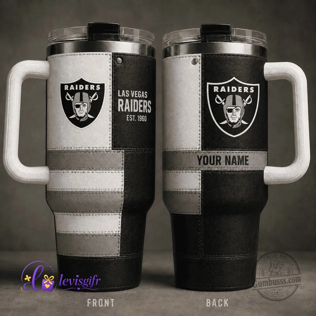 Las Vegas Raiders NFL Football Team Personalized Insulated Tumbler with Handle Las Vegas Raiders NFL Football Team Personalized Insulated Tumbler with Handle