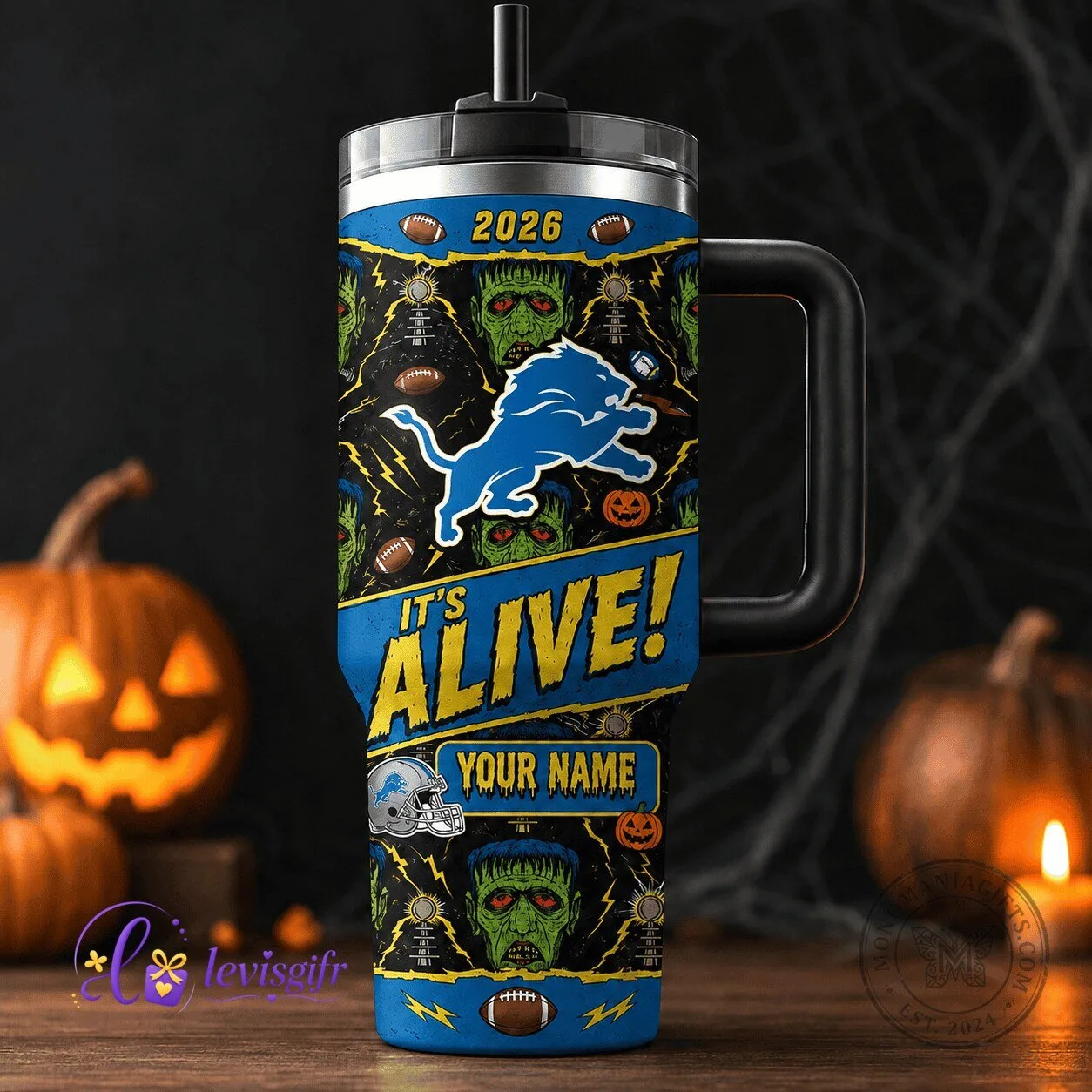 Detroit Lions Halloween Frankenstein Monster Personalized Insulated Tumbler with Handle
