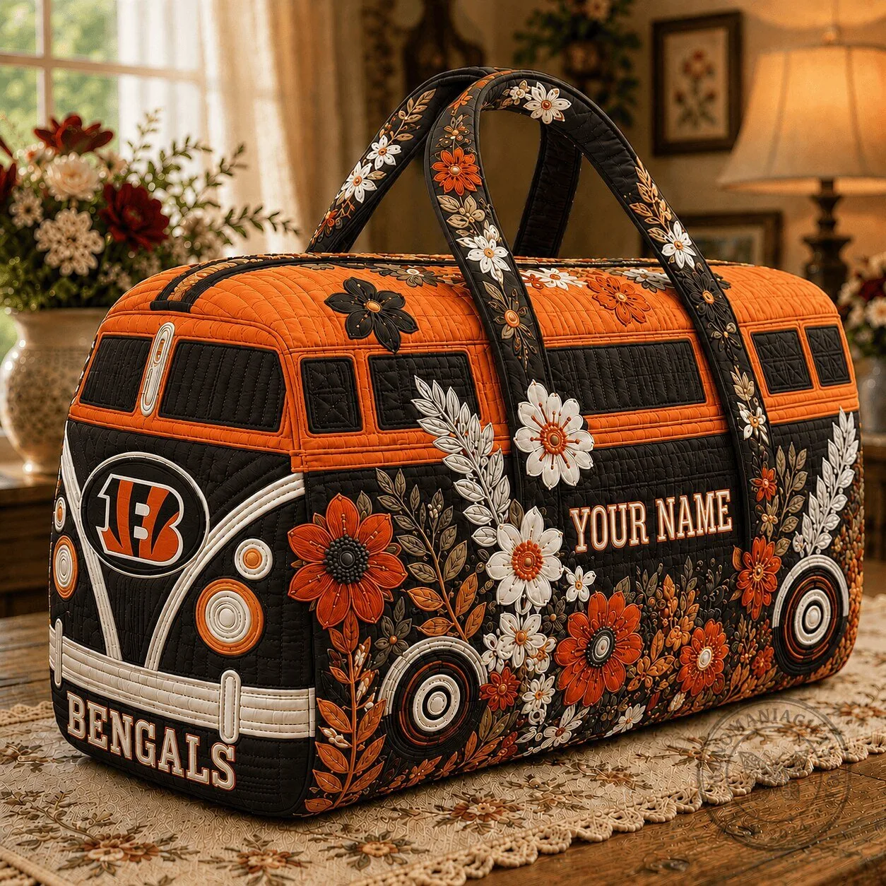 Cincinnati Bengals Floral Volkswagen Bus Quilted Duffle Bag