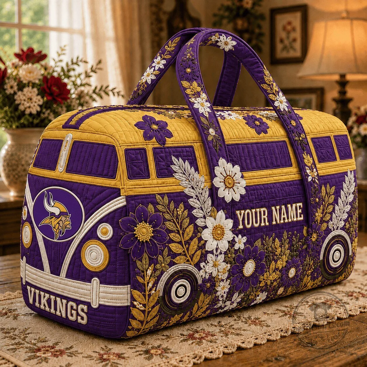 Minnesota Vikings Personalized Floral Quilted Duffle Bag 1 Minnesota Vikings Personalized Floral Quilted Duffle Bag