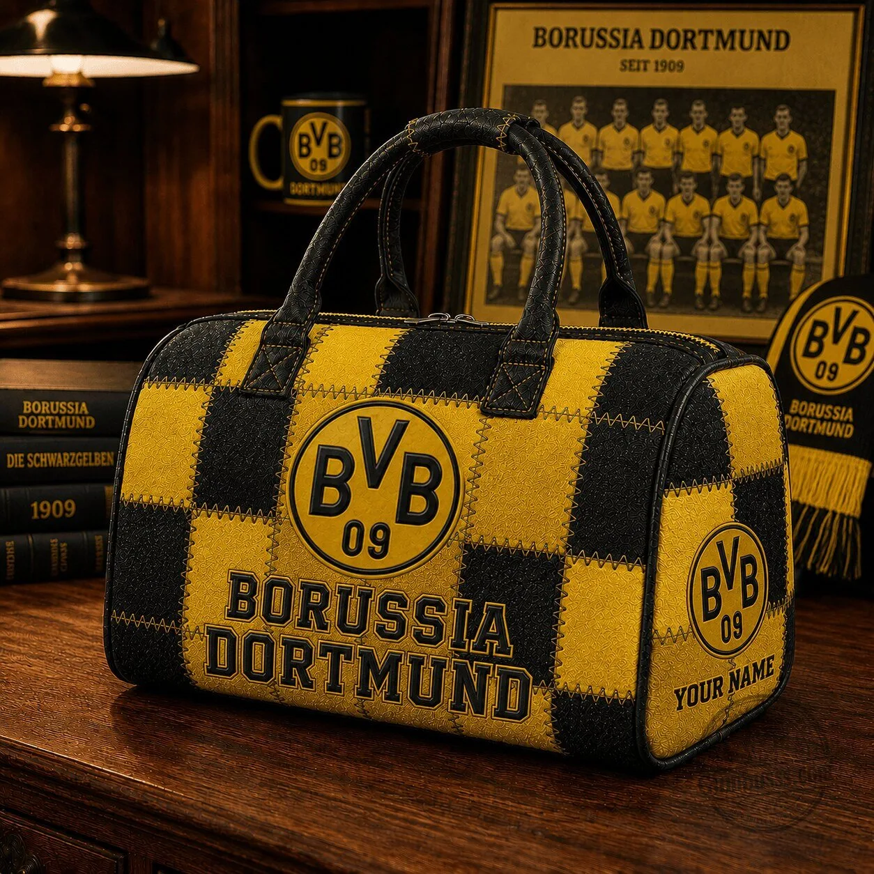 Borussia Dortmund Bundesliga Quilted Checkered Pattern Duffel Bag