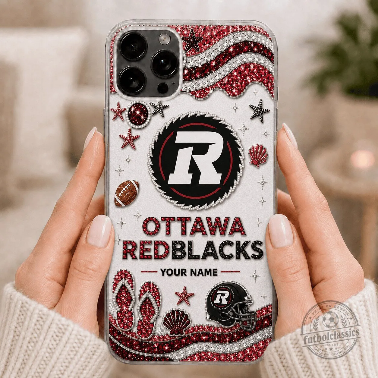 Ottawa Redblacks Canadian Football League Glitter Phone Case with Custom Name