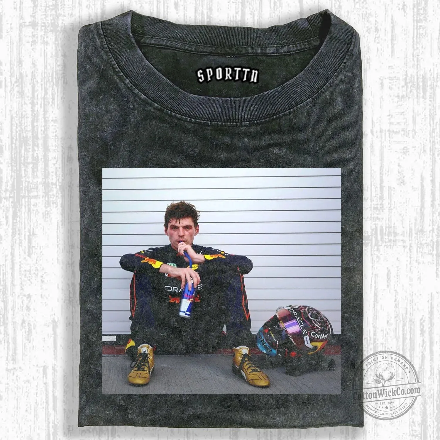 Max Verstappen F1 Racing Driver Portrait Black Washed T-Shirt