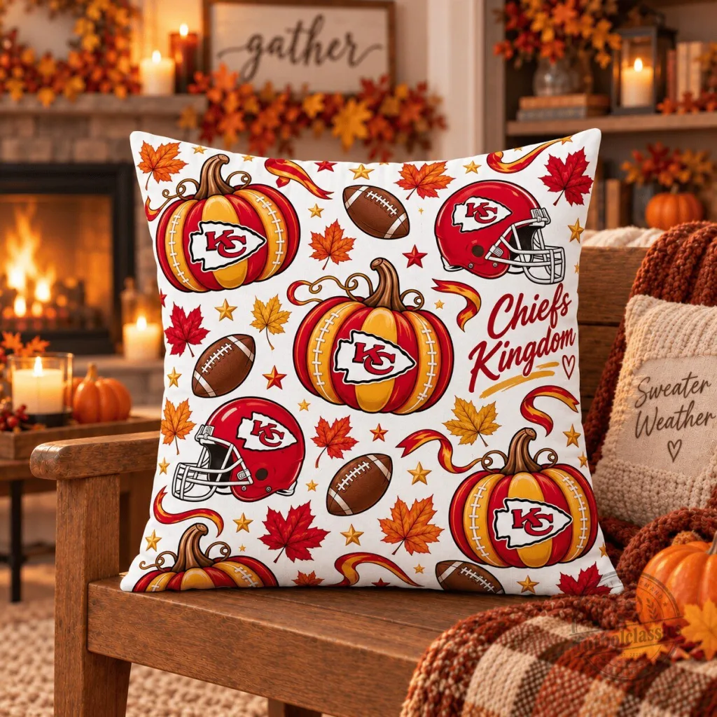 Kansas City Chiefs Halloween Pumpkins Football Helmets Autumn Leaves Pillow Kansas City Chiefs Halloween Pumpkins Football Helmets Autumn Leaves Pillow