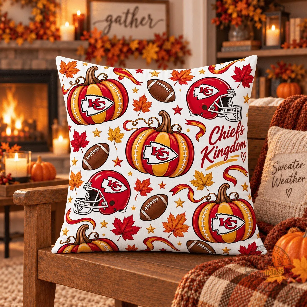 Kansas City Chiefs Halloween Pumpkins Football Helmets Autumn Leaves Pillow