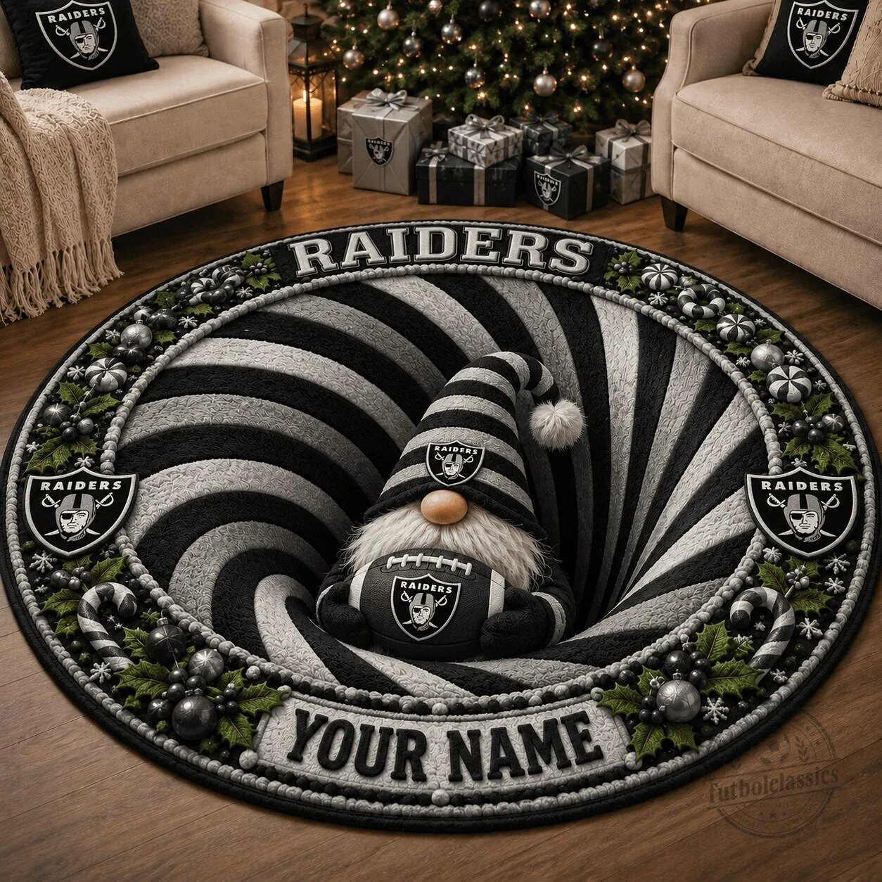 Las Vegas Raiders Football Team Gnome Swirl Round Area Rug