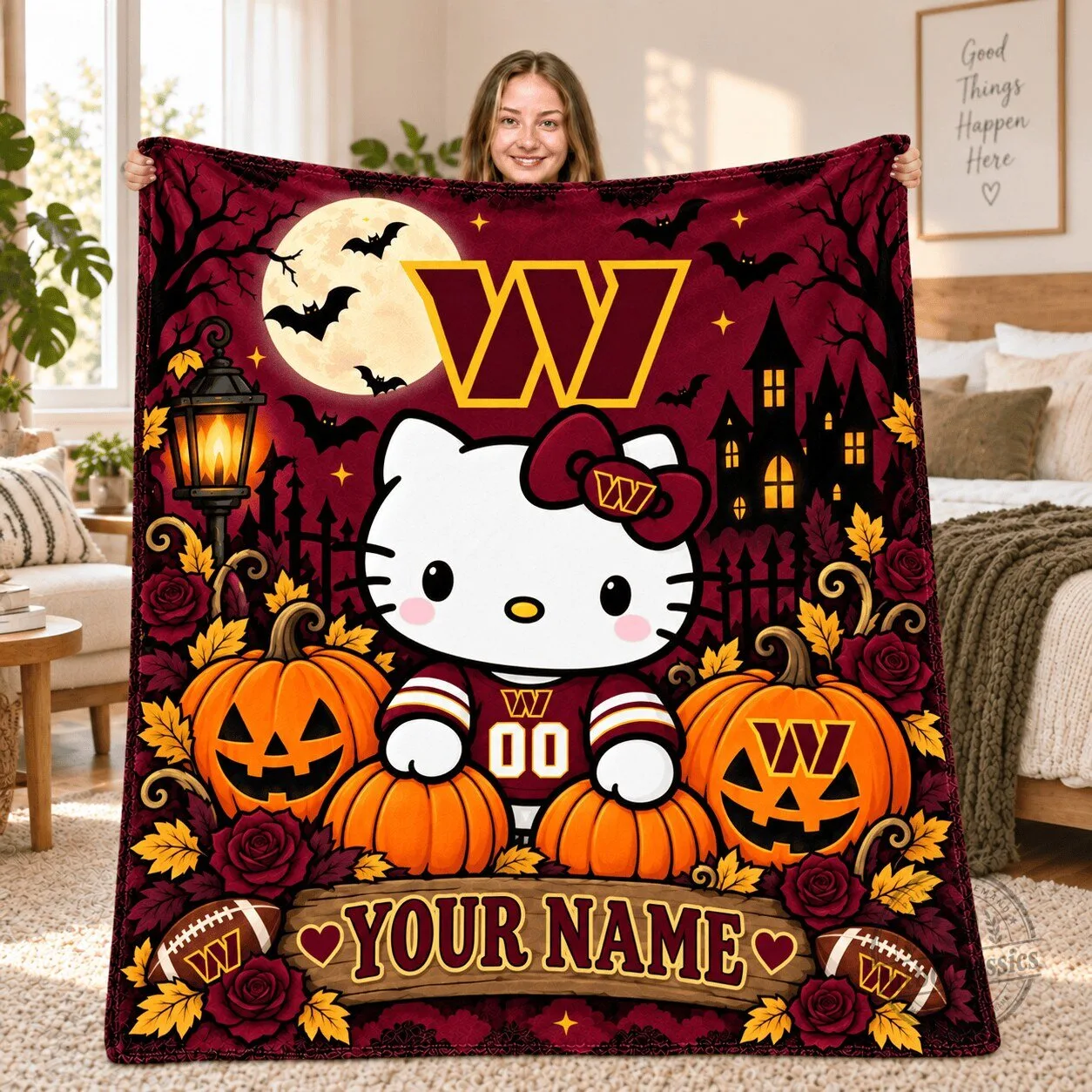 Hello Kitty Washington Commanders Halloween Football Fleece Blanket