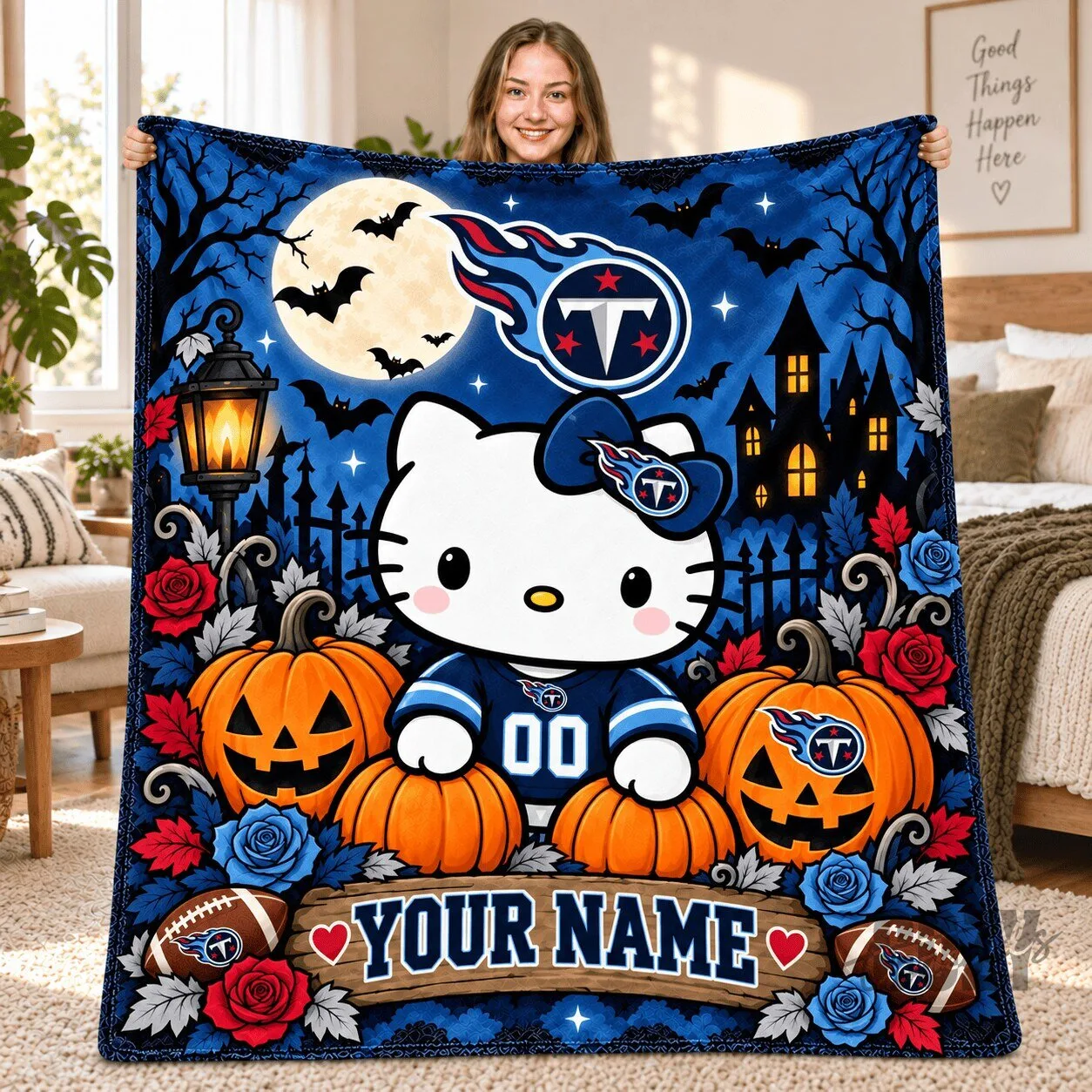 Tennessee Titans Hello Kitty Halloween Moon Personalized Fleece Blanket