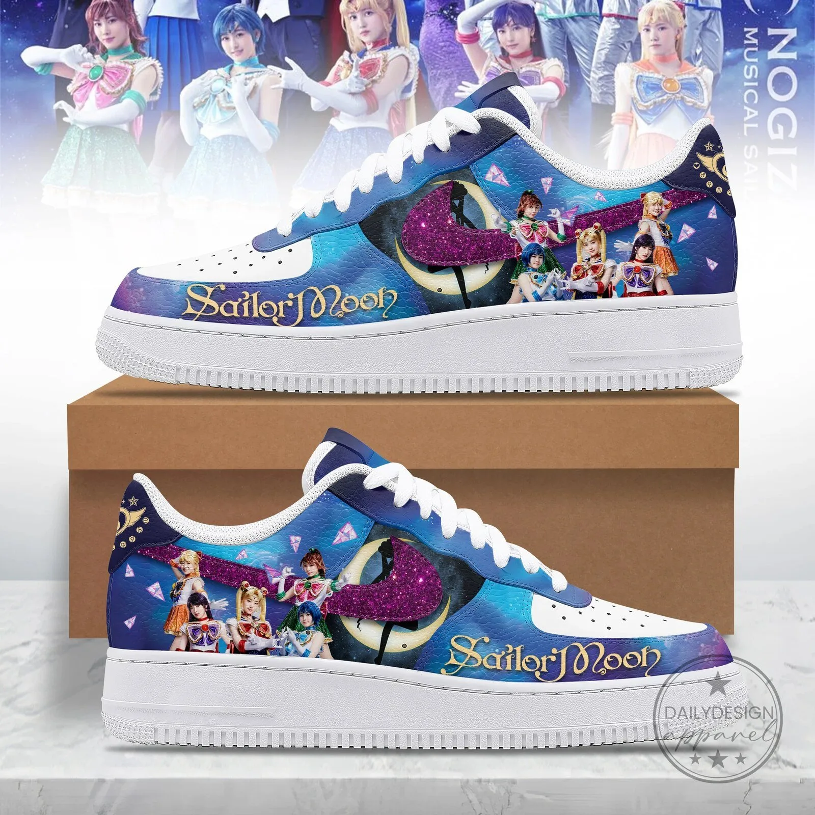 Sailor Moon Anime Character Custom Design White and Blue Sneakers Shoes