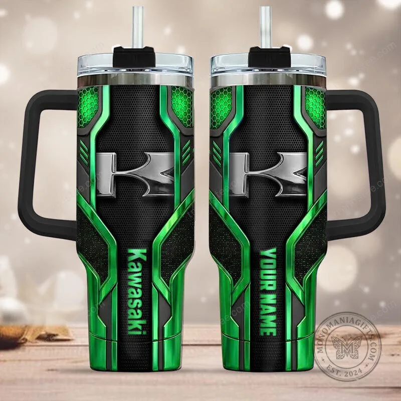 Kawasaki Motorcycle Logo Green and Black Insulated Tumbler with Handle