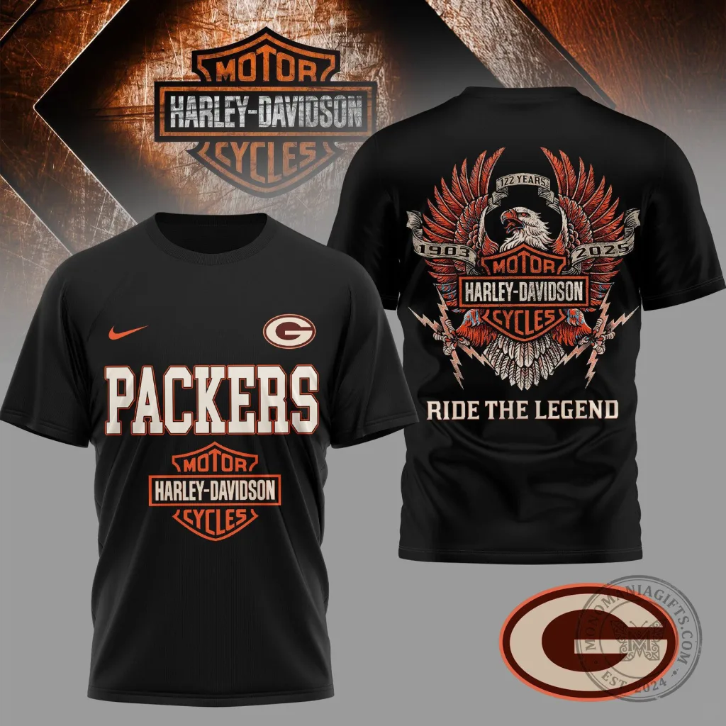 Green Bay Packers Harley-Davidson Motorcycle Ride The Legend Black T-Shirt Green Bay Packers Harley-Davidson Motorcycle Ride The Legend Black T-Shirt