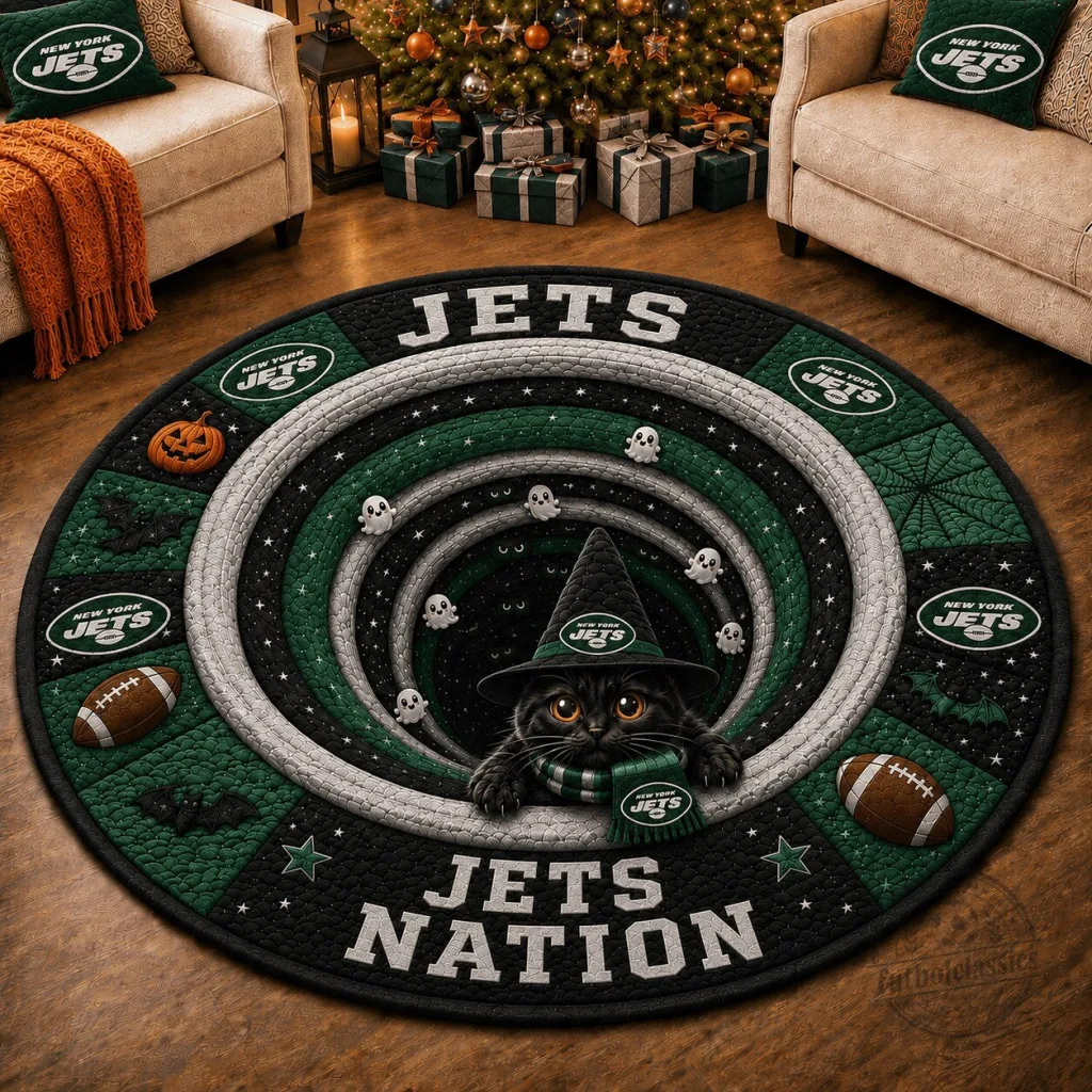 New York Jets Halloween Black Cat Witch Football Round Rug New York Jets Halloween Black Cat Witch Football Round Rug
