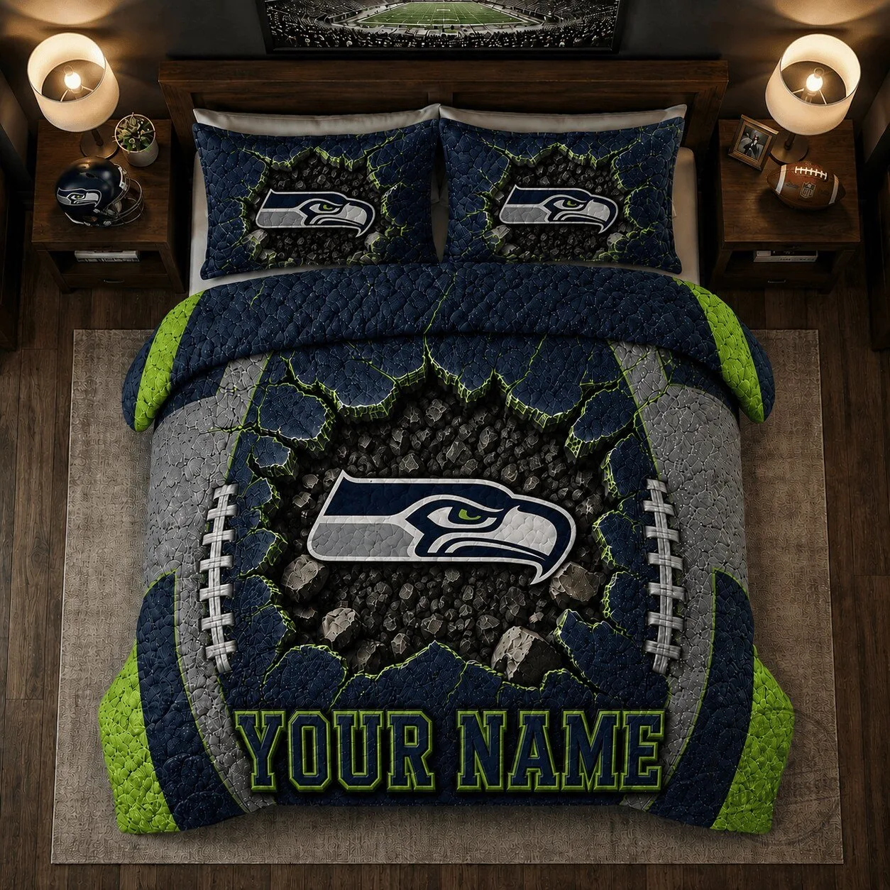Seattle Seahawks Personalized Football Bedding Set with Custom Name