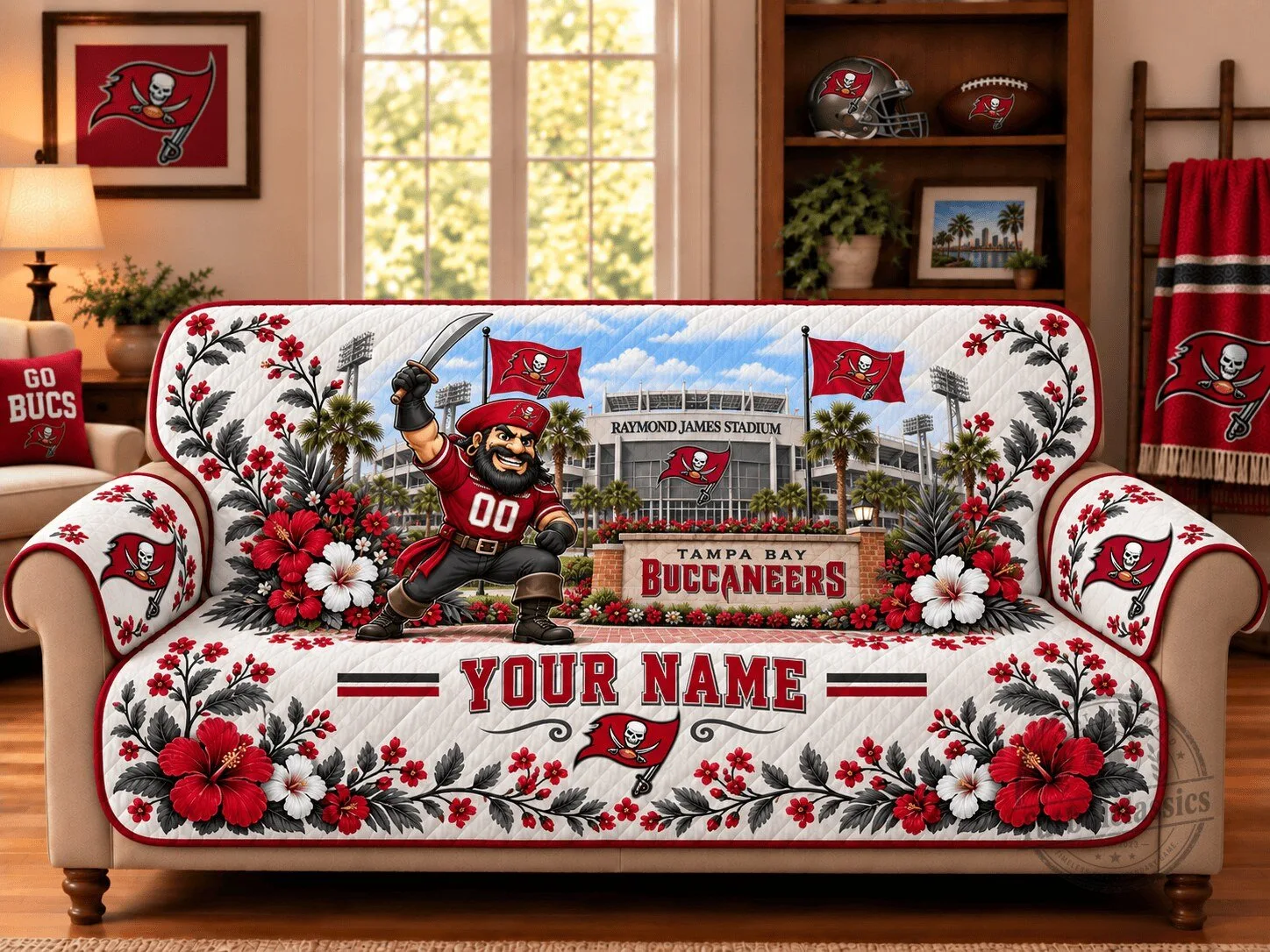 Tampa Bay Buccaneers Personalized Sofa Cover with Raymond James Stadium Design