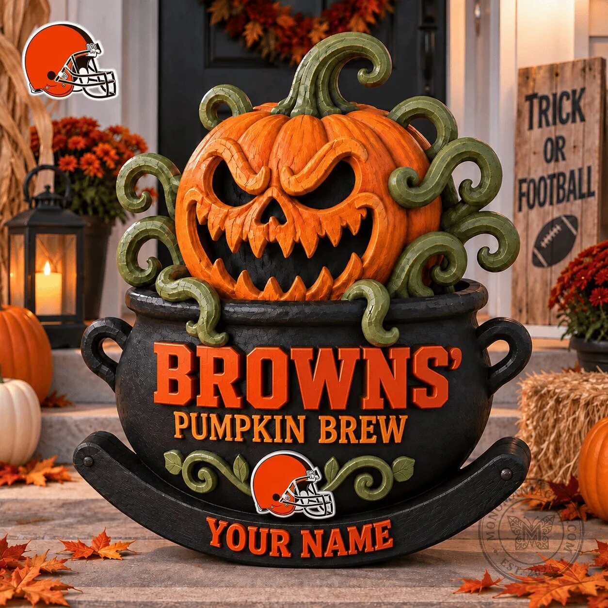 Cleveland Browns Halloween Pumpkin Brew Personalized Wooden Block Rocker