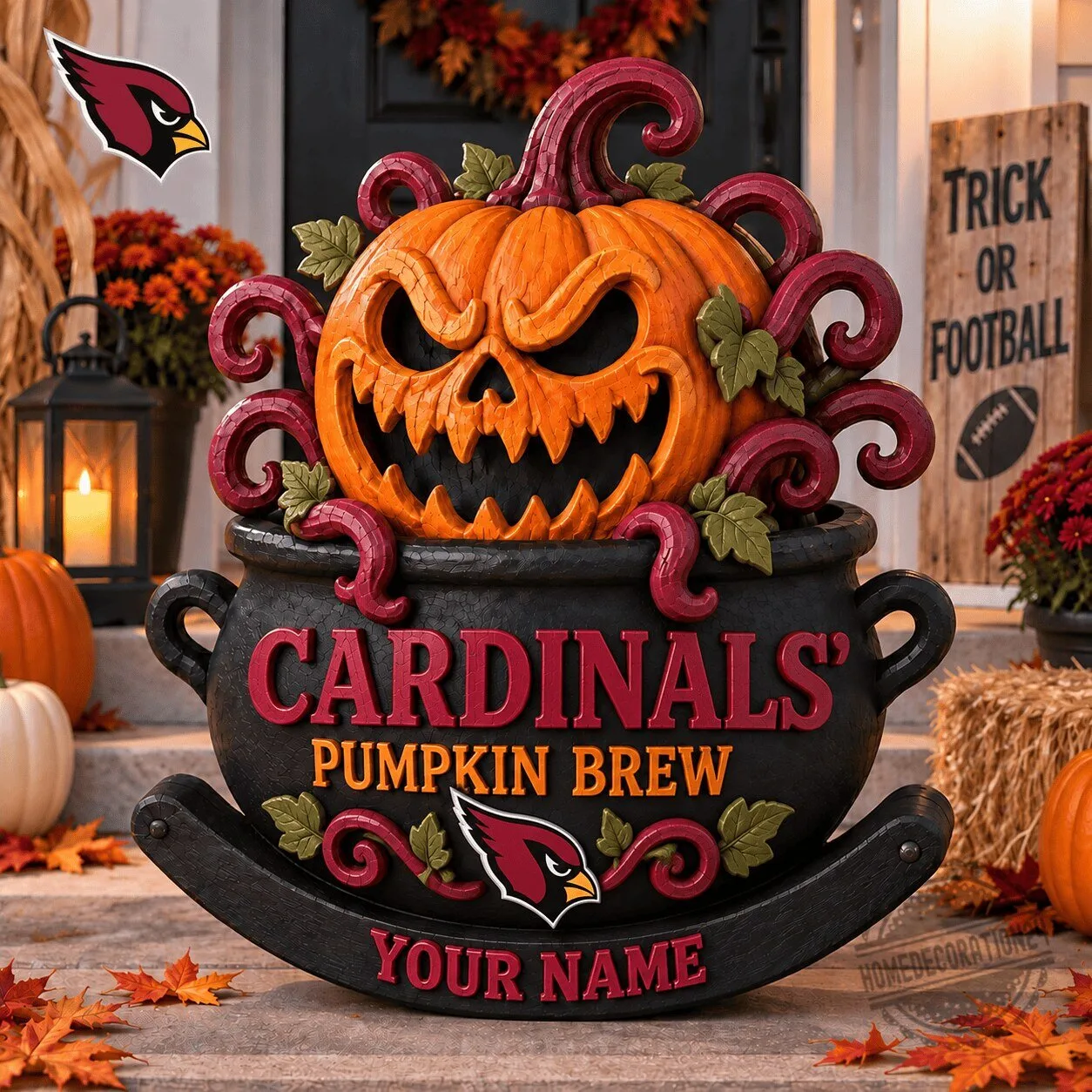 Arizona Cardinals Halloween Pumpkin Brew Personalized Wooden Block Fall Decor