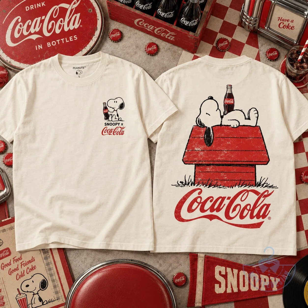 Snoopy and Coca-Cola Drink In Bottles Peanuts Collaboration T-Shirt