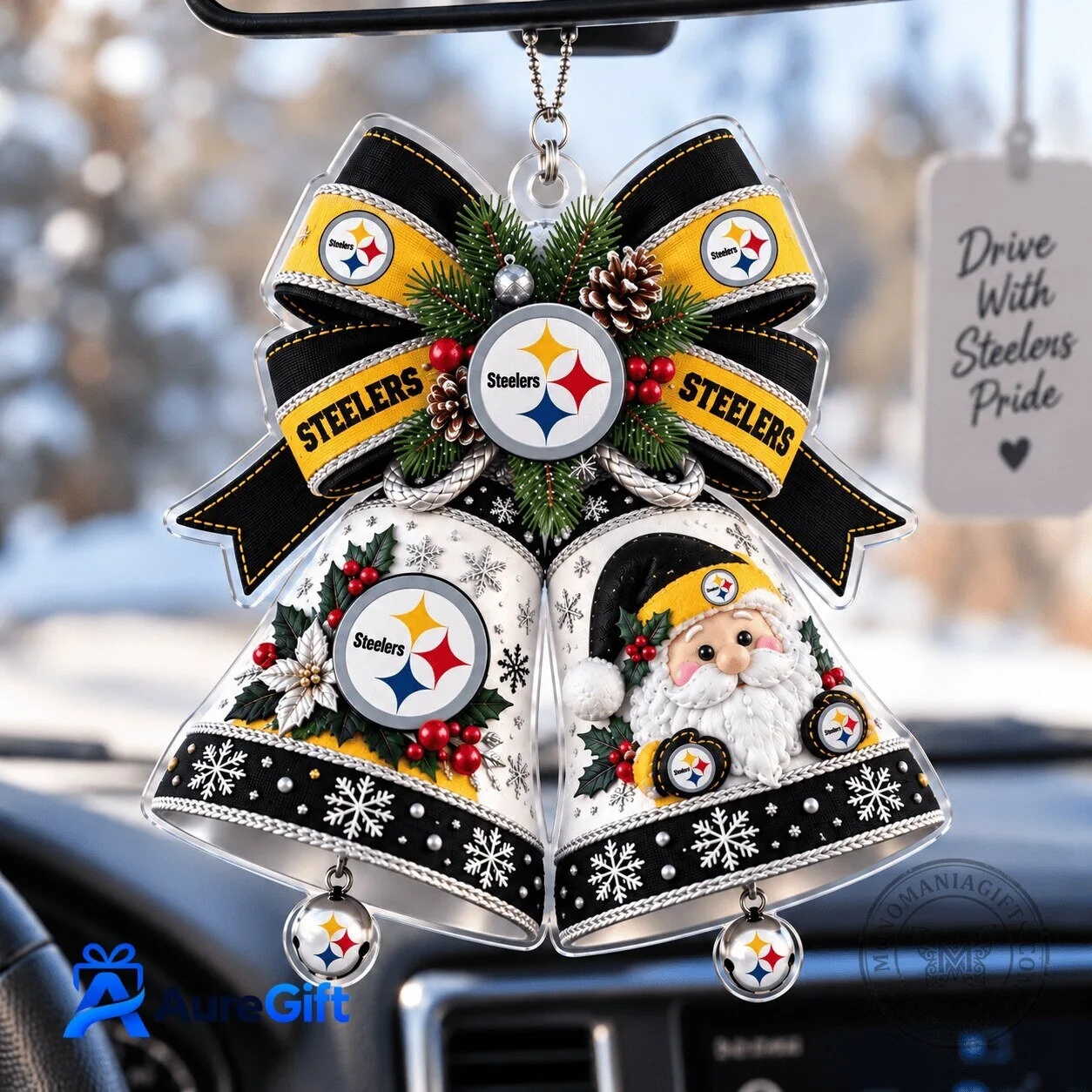 Pittsburgh Steelers Christmas Bells Acrylic Car Ornament 1 Pittsburgh Steelers Christmas Bells Acrylic Car Ornament