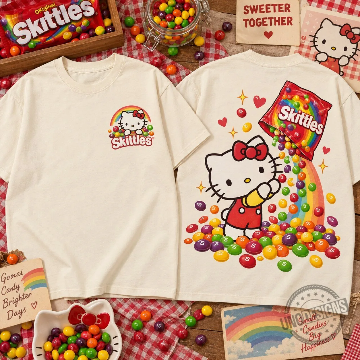 Hello Kitty Skittles Candy Rainbow Graphic Cream Unisex T-Shirt