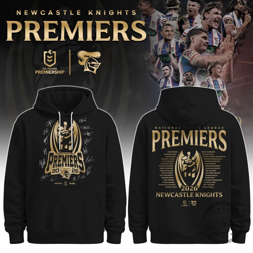 2026 Black Hoodie featuring Newcastle Knights NRL Premiers Design 2026 Black Hoodie featuring Newcastle Knights NRL Premiers Design