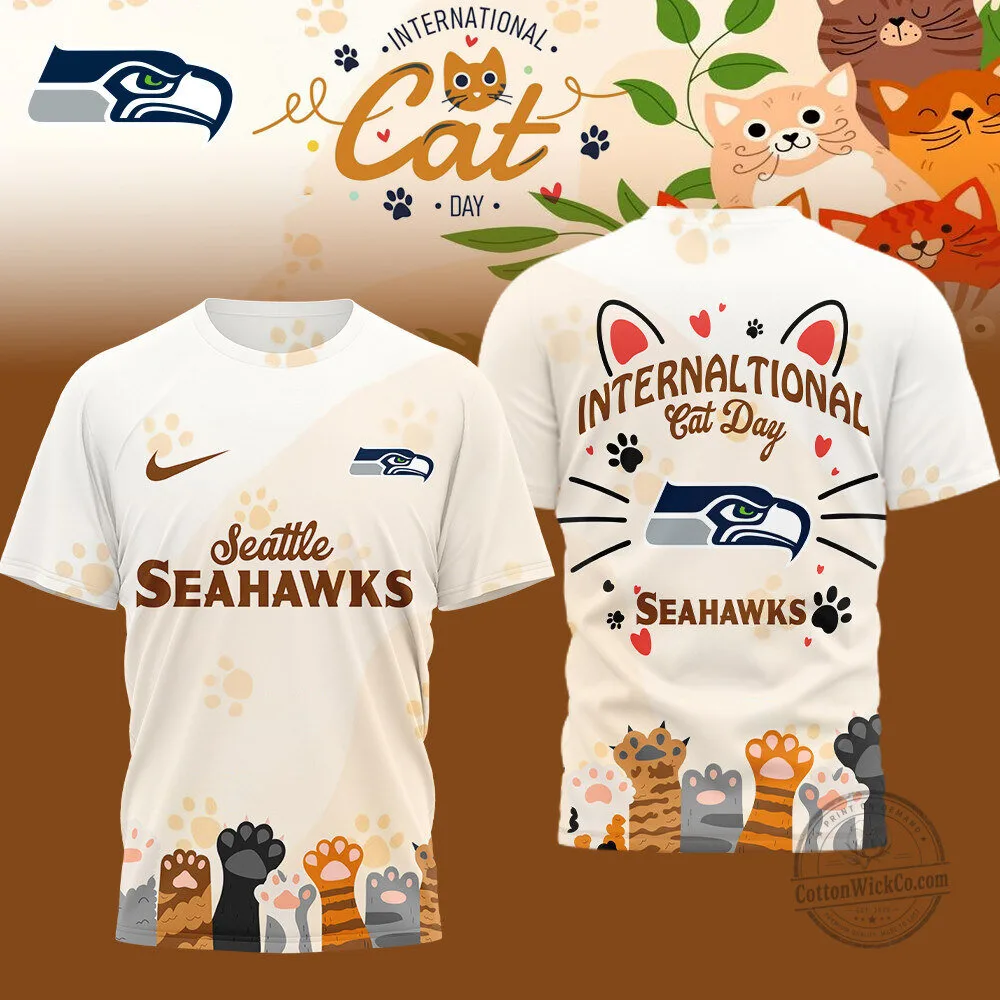 Seattle Seahawks International Cat Day White Football Fan T-Shirt