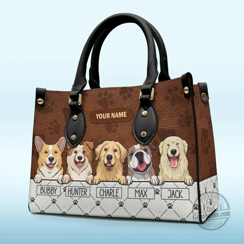 Custom Pet Dog Faces Personalized Handbag with Paw Prints and Your Name